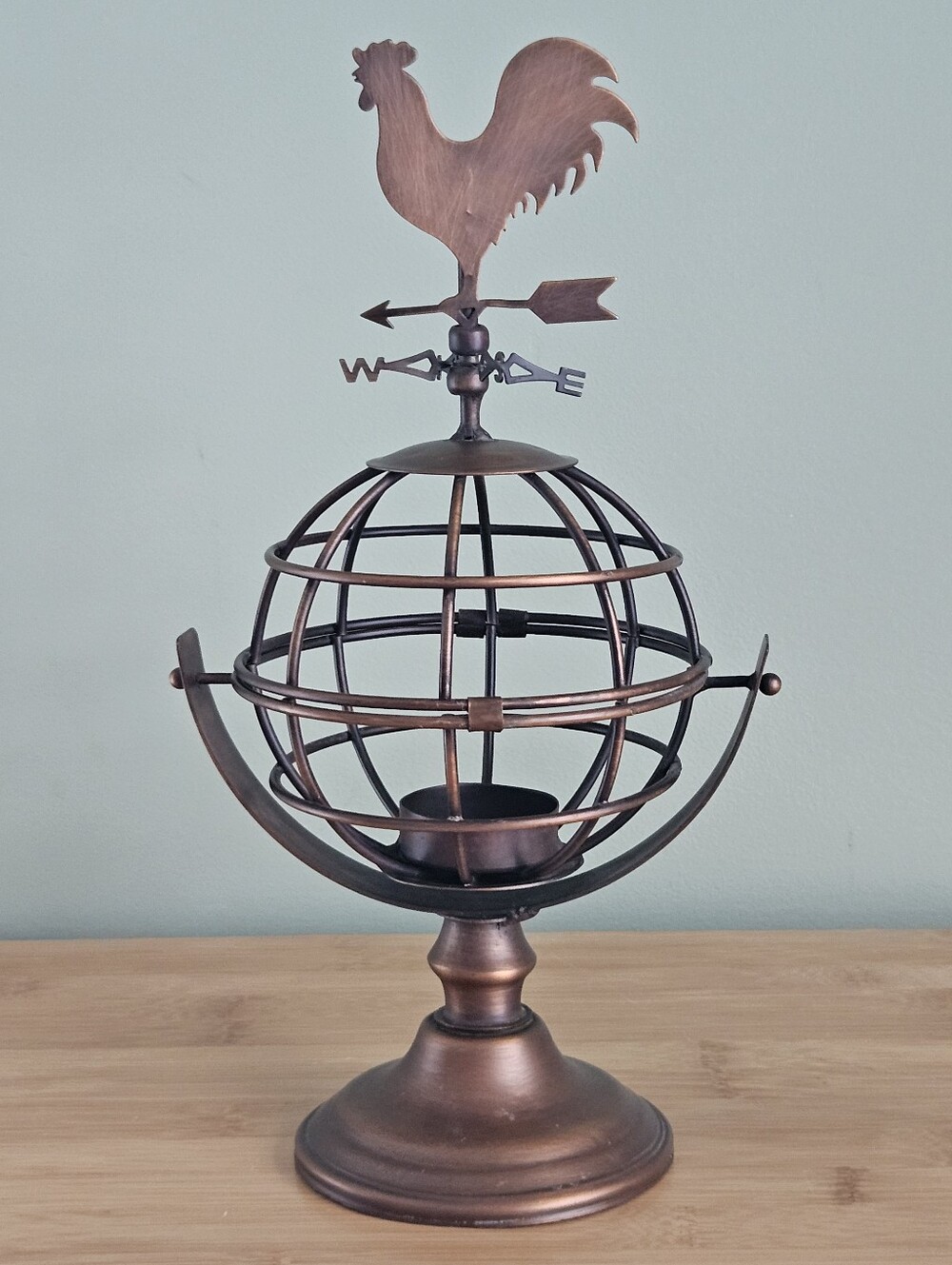 Metal Rooster Votive Tea light Candle Holder Weather Vane Sphere Bronze Look